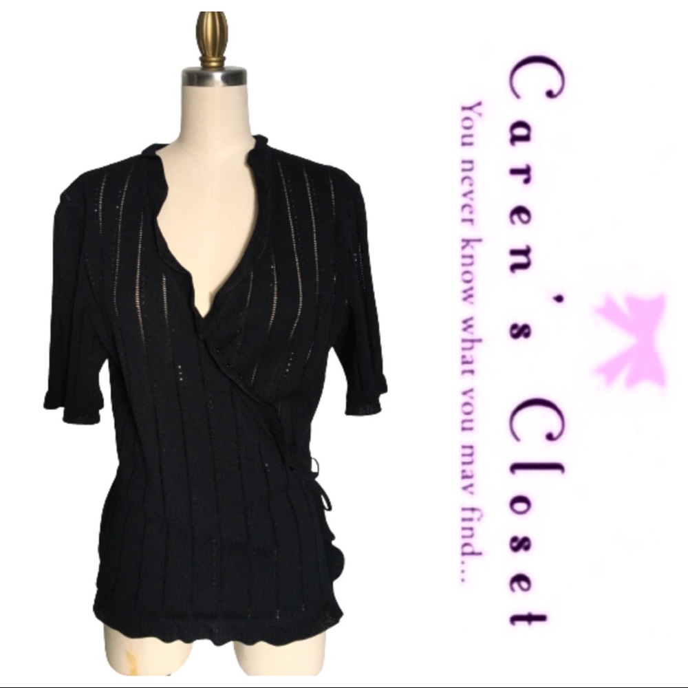 Escada Black Ruffled Knit Wrap Top w Rhinestones.